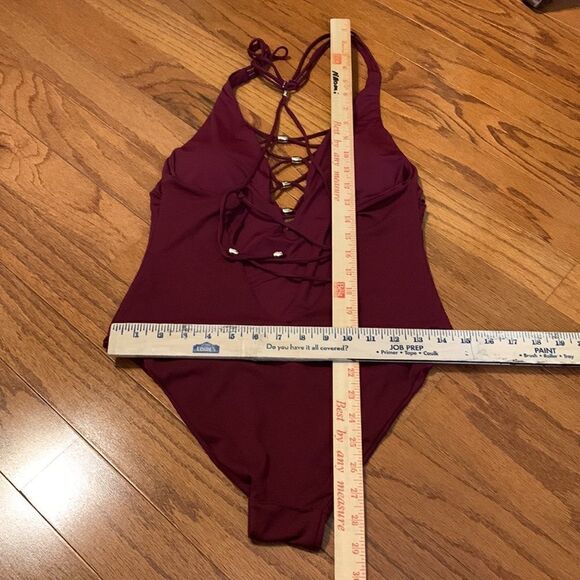 Burgundy Size M-L one piece swimsuit with shoe lace detail and gold bling - Picture 7 of 10